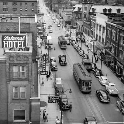 Photograph, Sudbury, Elm Street with Streetcar and Balmoral Hotel, 1940s.