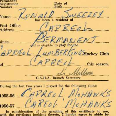 Hockey Player's Registration Certificate belonging to Ronald Sweezey