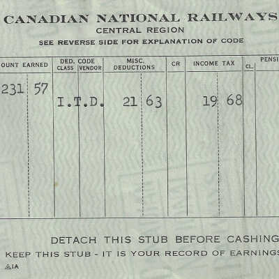 Canadian National Statement of Earnings and Deductions belonging to Frank Mazzuca