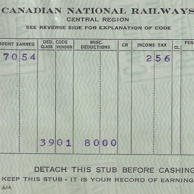Canadian National Statement of Earnings and Deductions belonging to Frank Mazzuca