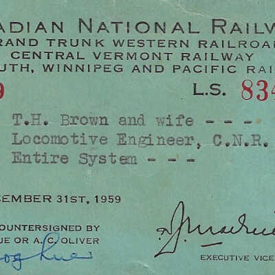 Canadian National: Entire System Pass, T. H. Brown and Wife, 1958