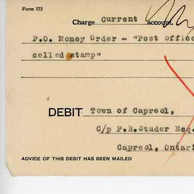 Debit Charge Slip to the Town of Capreol's Account, P. O. money order (post office will not accept canceled stamps), $0.56, 1935