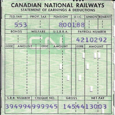 Canadian National Statement of Earnings and Deductions belonging to Frank Mazzuca