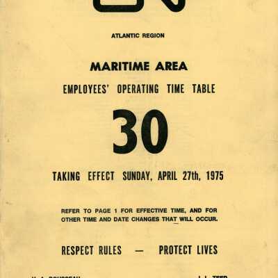 Employee Timetable, CN Rail, Maritime Area 30, April 27th 1975.