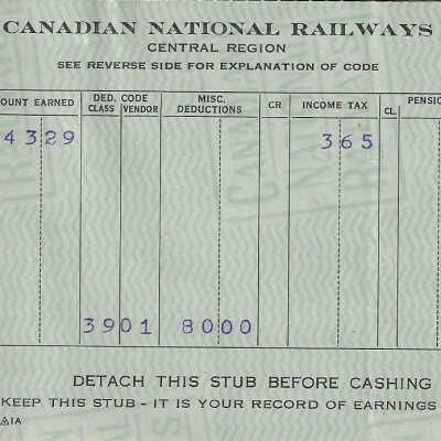 Canadian National Statement of Earnings and Deductions belonging to Frank Mazzuca
