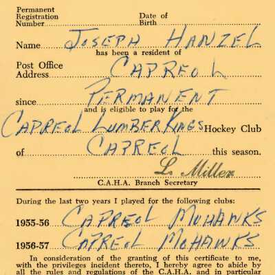 Hockey Player's Certificate belonging to Joseph Hanzel