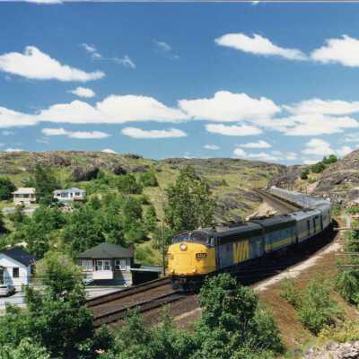 Photograph, VIA Canadian arriving at Sudbury from the West, June 24, 1986.