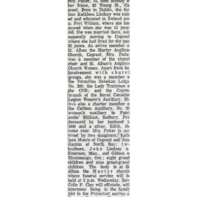Document, Obituary, Kathleen Potter.