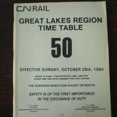 CN Great Lakes Region Time Table No. 50, Effective Sunday, October 28th, 1984