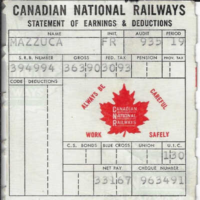 Canadian National Statement of Earnings and Deductions belonging to Frank Mazzuca