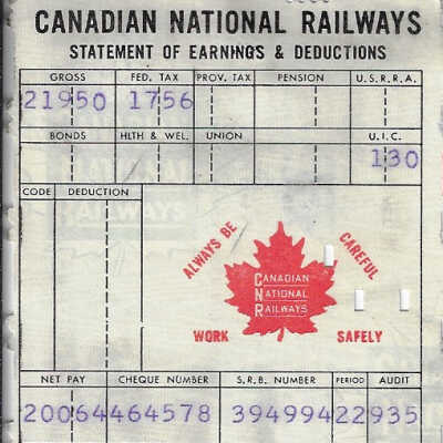 Canadian National Statement of Earnings and Deductions Belonging to Frank Mazzuca