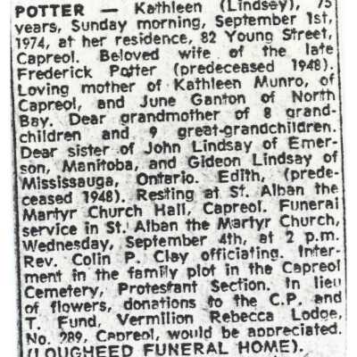 Document, Obituary, Kathleen Potter.