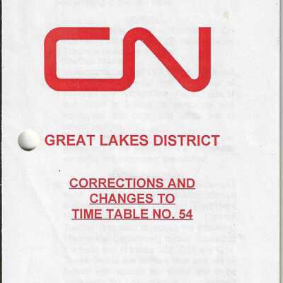 CN Great lakes District Corrections and Changes to Time Table No. 54