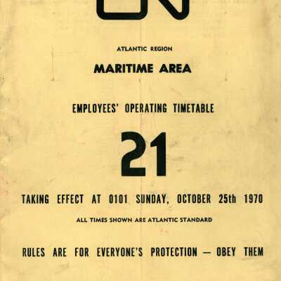 Employee Timetable, CN Rail, Maritime Area 21, October 25th 1970.