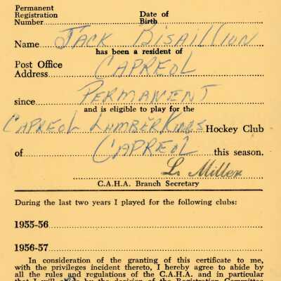 Hockey Player's Registration Certificate belonging to Jack Bisaillion