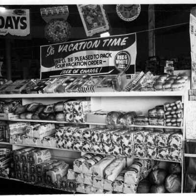 Photograph, Sudbury, Grenon's Groceries and Meat, King and Clinton Street, Flour Mill