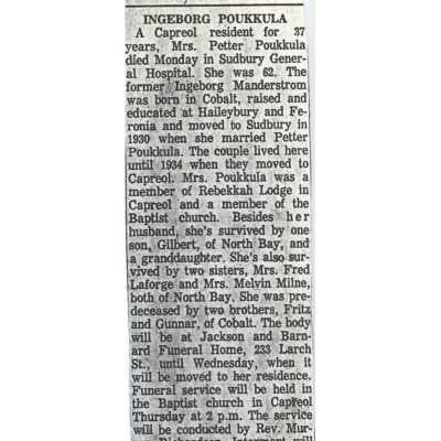 Document, Obituary, Ingeborg Poukkula.