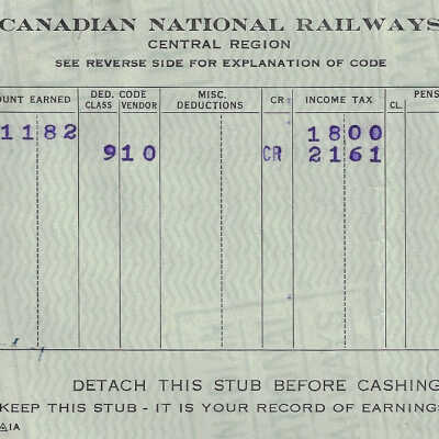 Canadian National Statement of Earnings and Deductions belonging to Frank Mazzuca