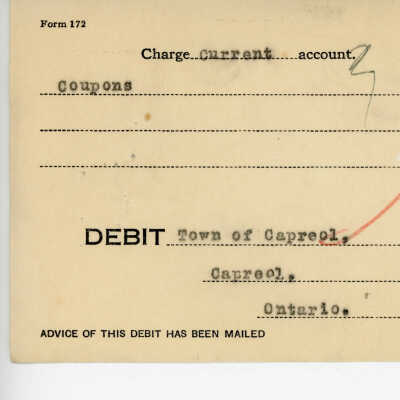 Debit Charge Slip to the Town of Capreol's Account, coupons, $152.50, 1935