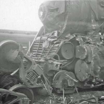 Photograph, CNR Engine 6077, Wreck in Capreol Yard, Engineer Alex Boyd, Fireman Rene Bazinet.