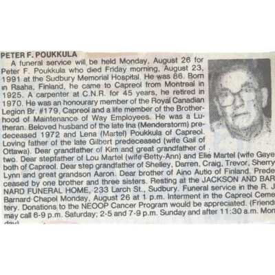 Document, Obituary, Peter F. Poukkula.