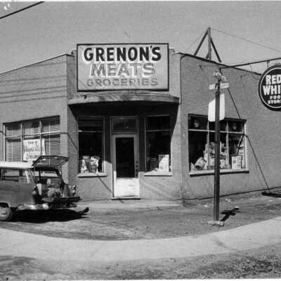 Photograph, Sudbury, Grenon's Groceries and Meat, King and Clinton Street, Flour Mill