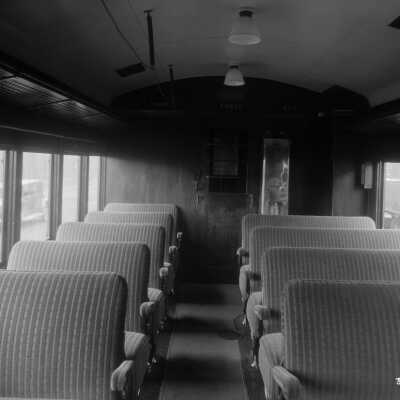 Photograph, Canadian National Railways (CNR) Oil Electric car - inside passenger car.