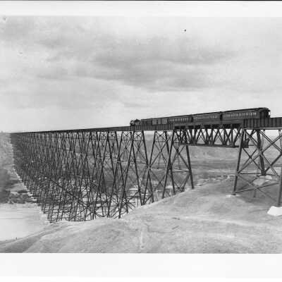 Canadian Pacific Train on a High Level Bridge in Lethbridge Alberta Circa 1910