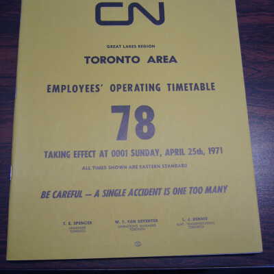 CN Great Lakes Region Toronto Area Employees' Operating Timetable 78. April 25th 1971