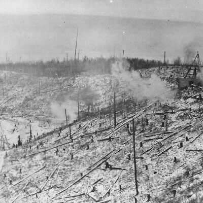 Photograph, "Drilling and Shaft Sinking in the Edison 40 Pothole during 1916. Faces Northwest, (From left to right, the longyear shaft No. 1, D. D. hole No. 310, D.D. Hole No. 309.)