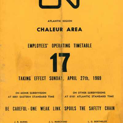 Employee Timetable, CN Rail, Chaleur Area 17, April 27th 1969.