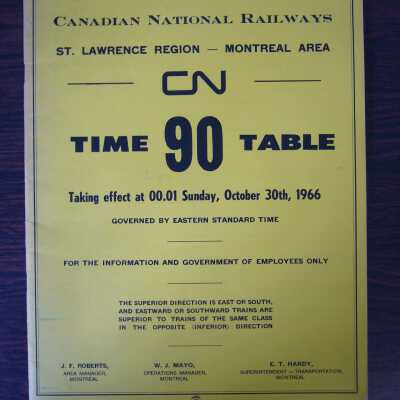 CN St. Lawrence Region - Montreal Area Time Table 90, Taking Effect at 00.01 Sunday, October 30th, 1966
