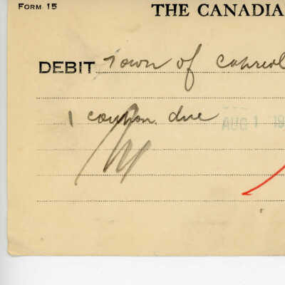 Debit Charge Slip to the Town of Capreol's Account, 1 Coupon due $59.22, 1935