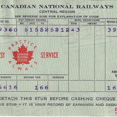 Canadian National Statement of Earnings and Deductions belonging to Frank Mazzuca