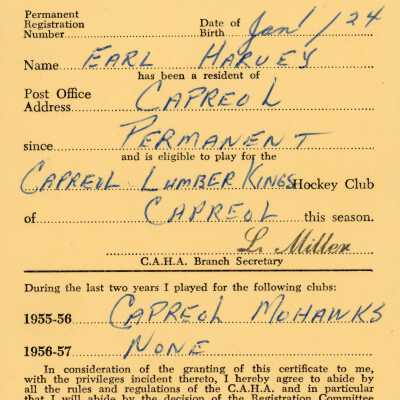 Hockey Player's Registration Certificate belonging to Earl Harvey