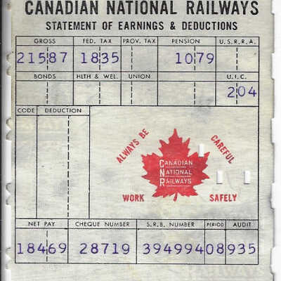Canadian National Statement of Earnings and Deductions belonging to Frank Mazzuca