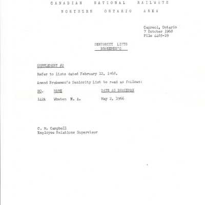 Document, Seniority List, Canadian National Railway, Northern Ontario Division.