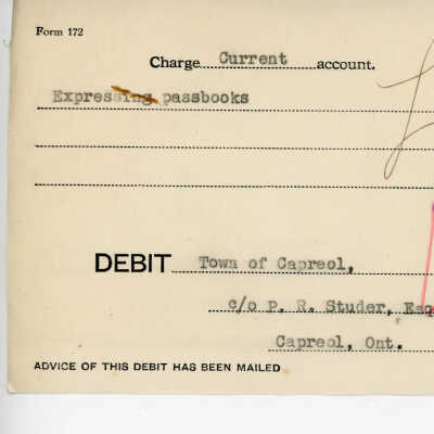 Debit Charge Slip to the Town of Capreol's Account, Expressing Passbooks $0.20, 1942