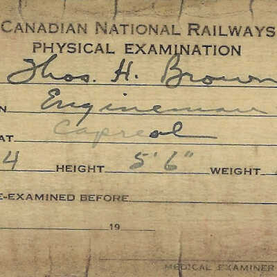 Canadian National: Physical Examination Card, Vision, Colour Sense, and Hearing Record, Thomas H. Brown, 1942