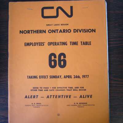 CN Great Lakes Region Northern Ontario Division Employees' Operating Time Table 66, Taking Effect Sunday, April 24th, 1977