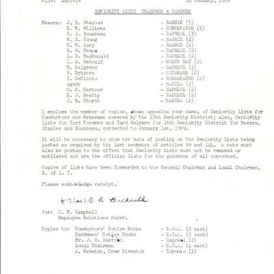 Document, Seniority List, Canadian National Railway, Northern Ontario Division.