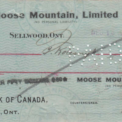 Document- J. Kolesnyk [?] Moose Mountain Mine Cheque