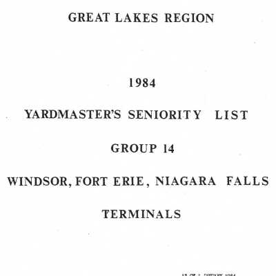 CN Rail, Great Lakes Region, 1984, Yardmaster's Seniority List, Group 14, Windsor, Fort Erie, Niagara Falls Terminals.