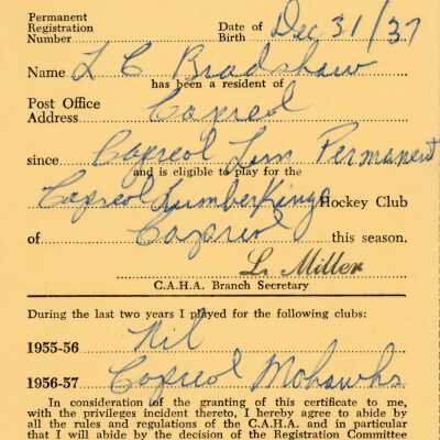 Hockey Player's Registration Certificate belonging to J. L. Bradshaw
