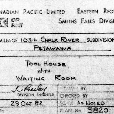 Document, Plan, Canadian Pacific Railways, Eastern Region, Smiths Falls Division, Mileage 103.6, Calk River Subdivision, Petawawa, Tool House with Waiting Room, October 29th 1982.