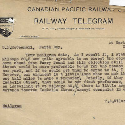 Canadian Pacific Railway Telegram from T. A. Wilson, esquire to S. B. McConnell