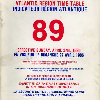 Employee Timetable, CN Rail, Atlantic Region 89, April 27th 1986.