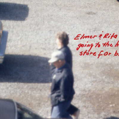 Photograph, "Elmer and Rita going to the hardware store for bingo chips".