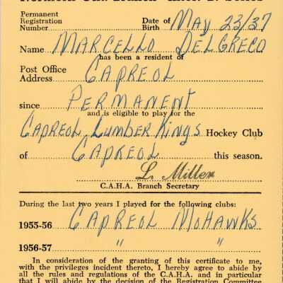 Hockey Player's Registration Certificate belonging to Marcello DelGreco