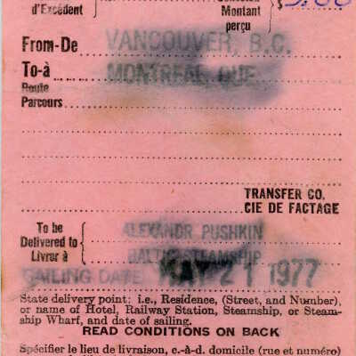 Photographic Reference, Canadian National Railways, Baggage Transfer Delivery Check, to MS Aleksandr Pushkin.
